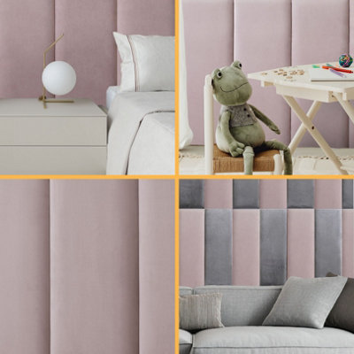Set of 4 Padded Wall Panels With Adhesive Included (80x30cm) - Pink Velvet upholstered wall panels - Wall Mounted Headboards - 9
