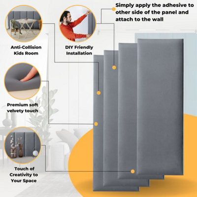 Set of 4 Padded Wall Panels With Adhesive Included (90x30cm) - Graphite Velvet upholstered wall panels - Wall Mounted Headboards