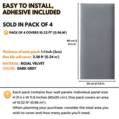 Set of 4 Padded Wall Panels With Adhesive Included (90x30cm) - Graphite Velvet upholstered wall panels - Wall Mounted Headboards - 3
