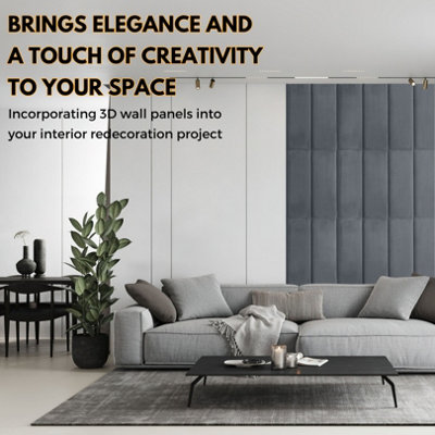 Set of 4 Padded Wall Panels With Adhesive Included (90x30cm) - Graphite Velvet upholstered wall panels - Wall Mounted Headboards - 4