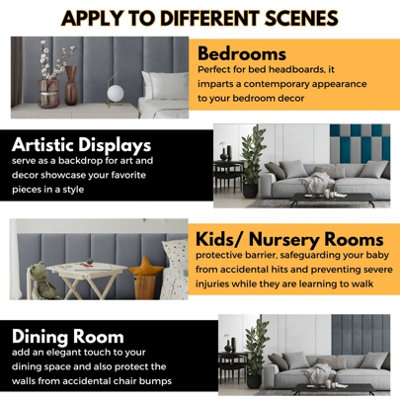 Set of 4 Padded Wall Panels With Adhesive Included (90x30cm) - Graphite Velvet upholstered wall panels - Wall Mounted Headboards - 5