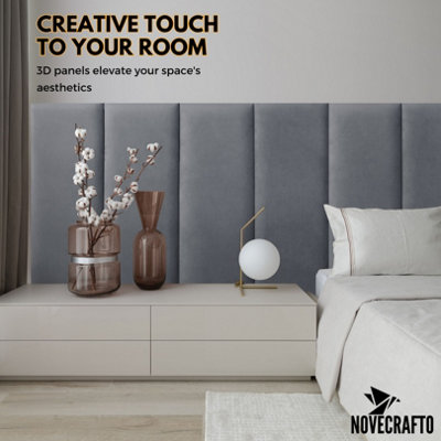 Set of 4 Padded Wall Panels With Adhesive Included (90x30cm) - Graphite Velvet upholstered wall panels - Wall Mounted Headboards - 7