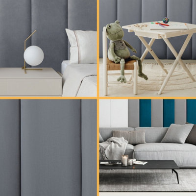 Set of 4 Padded Wall Panels With Adhesive Included (90x30cm) - Graphite Velvet upholstered wall panels - Wall Mounted Headboards - 9