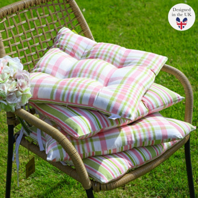 Set of 4 Pink and Green Outdoor Garden Chair Seat Pad Cushions