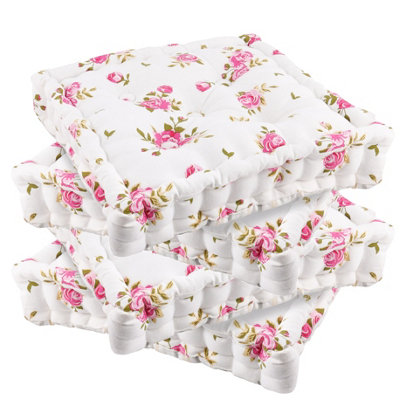 Set of 4 Pink Floral Print Indoor Dining Chair Seat Pad Box Cushions