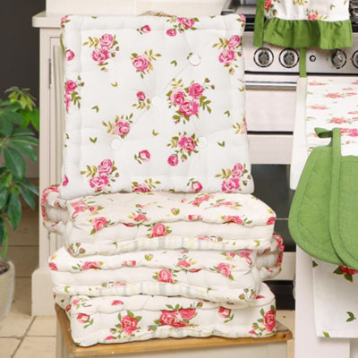 Set of 4 Pink Floral Print Indoor Style Dining Chair Seat Pad Box Cushions (L)40cm x (W)40cm