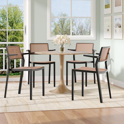 Set of 4 Pseudo-rattan PP Stackable Dining Chair with Armrest in Black