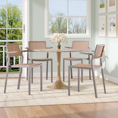 Set of 4 Pseudo-rattan PP Stackable Dining Chair with Armrest in Grey