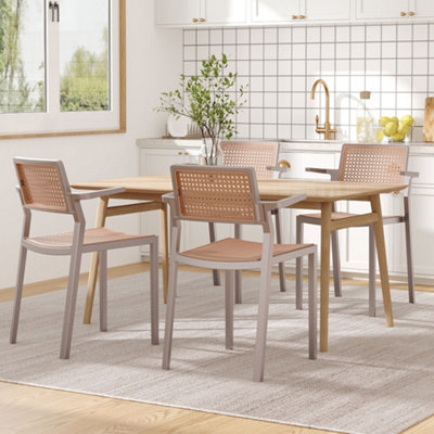 Set of 4 Pseudo-rattan PP Stackable Dining Chair with Armrest in Grey