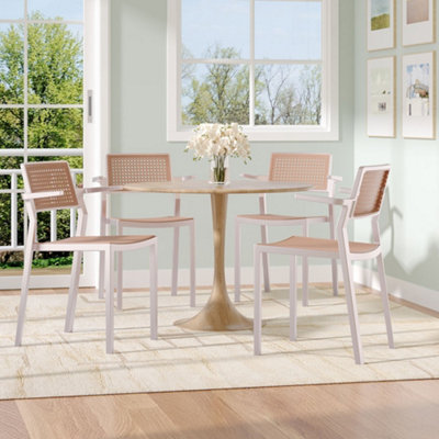 Set of 4 Pseudo-rattan PP Stackable Dining Chair with Armrest in White