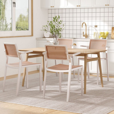 Set of 4 Pseudo-rattan PP Stackable Dining Chair with Armrest in White