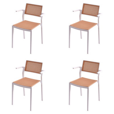 Set of 4 Pseudo-rattan PP Stackable Dining Chair with Armrest in White