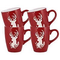 Set of 4 Red Stag Christmas Celebration Stoneware Mugs