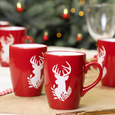 Set of 4 Red Stag Stoneware Mugs