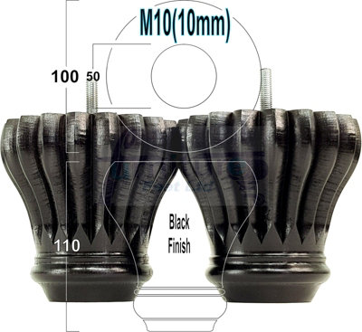 SET OF 4 REPLACEMENT FURNITURE BUN FEET BLACK TURNED WOODEN LEGS 110mm HIGH M10 (10mm)