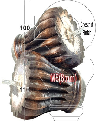 SET OF 4 REPLACEMENT FURNITURE BUN FEET CHESTNUT WASH TURNED WOODEN LEGS 110mm HIGH M8 (8mm)