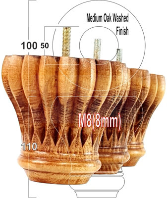 SET OF 4 REPLACEMENT FURNITURE BUN FEET MEDIUM OAK WASH TURNED WOODEN