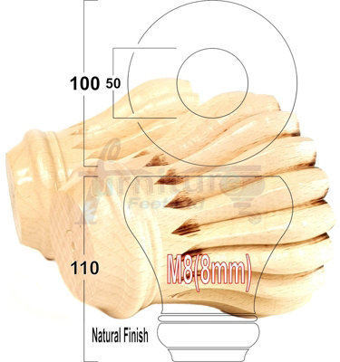 SET OF 4 REPLACEMENT FURNITURE BUN FEET NATURAL TURNED WOODEN LEGS 110mm HIGH M8 (8mm)