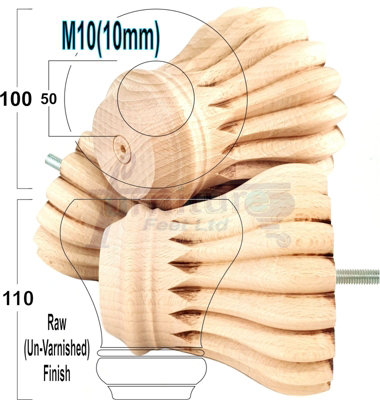 SET OF 4 REPLACEMENT FURNITURE BUN FEET RAW UNFINISHED TURNED WOODEN LEGS 110mm HIGH M10 (10mm)