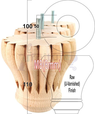 SET OF 4 REPLACEMENT FURNITURE BUN FEET RAW UNFINISHED TURNED WOODEN LEGS 110mm HIGH M8 (8mm)