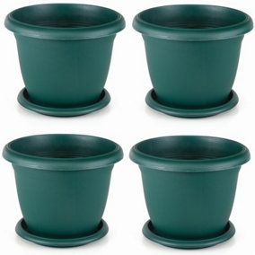 Set Of 4 Round Plastic Plant Pot Garden Patio Flower Planter Tub And Saucer Tray Green V507 31cm 8.8 Litre