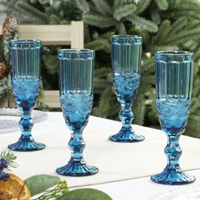 BLUE Wedding Flutes set,champagne flutes & set for cake, Luxury traditional, 2024 champagne glasses, 4pcs