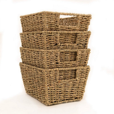 Set of 4 Seagrass Storage Baskets Natural Woven Storage Boxes