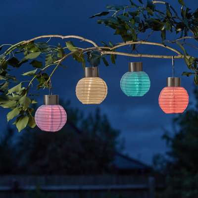Set of 4 Solar Powered Colourful Chinese Style Lanterns - Orb Shaped Outdoor Garden Hanging LED Lights - Each H11 x 10cm