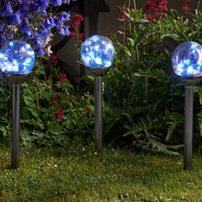Set of 4 Solar Powered Firefly Opal Stake Lights - Weatherproof Outdoor Garden Glass Orb LED Lighting - H47 x 10cm Diameter