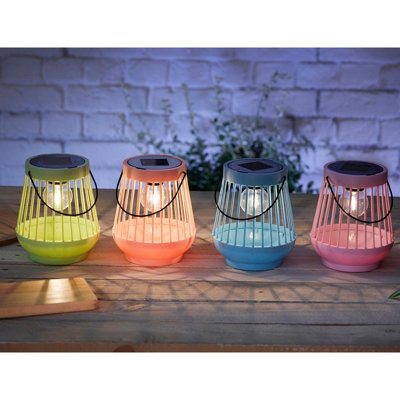 Set of 4 Solar Powered Viva Colourful Lanterns - Weatherproof Fluted Design Outdoor Garden LED Light Decorations - H15 x 13cm Dia