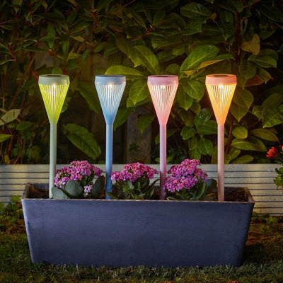 Set of 4 Solar Powered Viva Colourful Stake Lights - Weather Resistant Outdoor Garden LED Lighting for Path, Border, Pots - H43cm