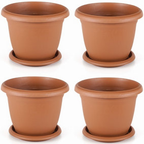 Set Of 4 Terracotta Round Plastic Plant Pot Garden Patio Flower Planter Tub And Saucer Tray V505 23cm 3.7 Litre