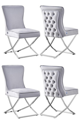 Set of 4 Trafalgar Velvet Dining Chairs Upholstered Dining Room Chairs Light Grey