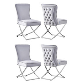 Set of 4 Trafalgar Velvet Dining Chairs Upholstered Dining Room Chairs Light Grey