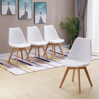 Set of 4 Tulip Pyramid PU Leather Cushioned Dining Chairs with Solid Wooden Legs  in White