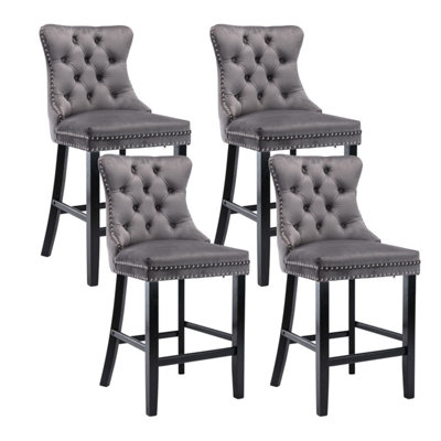 Set of 4 Velvet Bar Stools Kitchen Breakfast Barstools with Wooden Legs Bar Chairs for Counter Grey