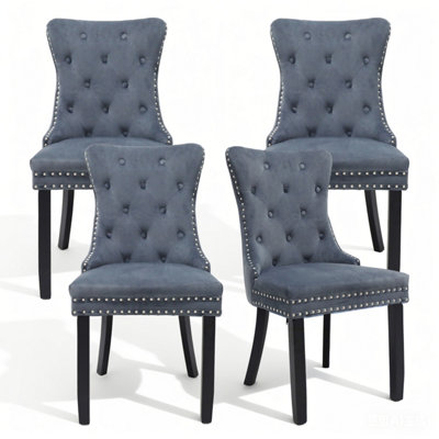 Set of 4 Velvet Tufted Dining Chairs with Nailhead Trim & Wooden Legs ...