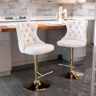 Set of 4 Velvet Upholstered Bar Stools with Adjustable Height