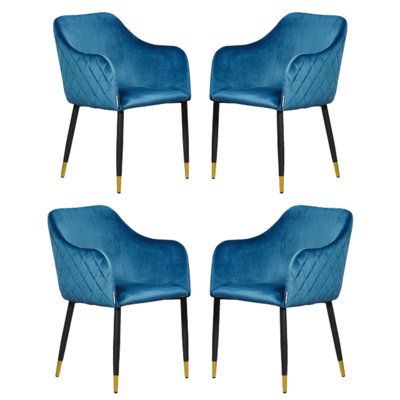 Set of 4 Verona Velvet Dining Chairs Upholstered Dining Room Chair, Blue/Gold