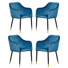 Set of 4 Verona Velvet Dining Chairs Upholstered Dining Room Chair, Blue/Gold