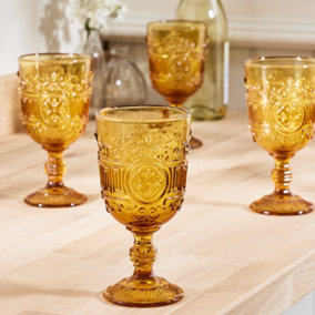 Set of 4 Vintage Amber Embossed Drinking Wine Glass Goblets