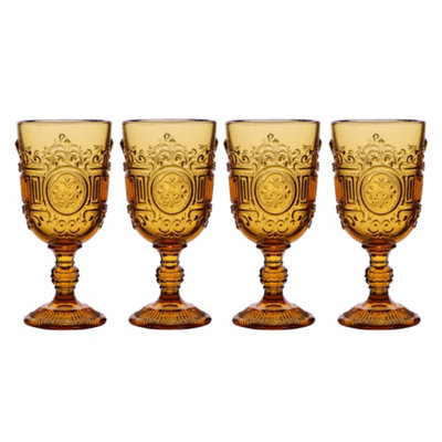 Set of 4 Vintage Amber Embossed Drinking Wine Glass Goblets