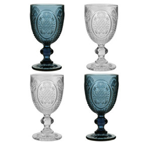 Set of 4 Vintage Blue & Clear Drinking  Wine Glass Goblets