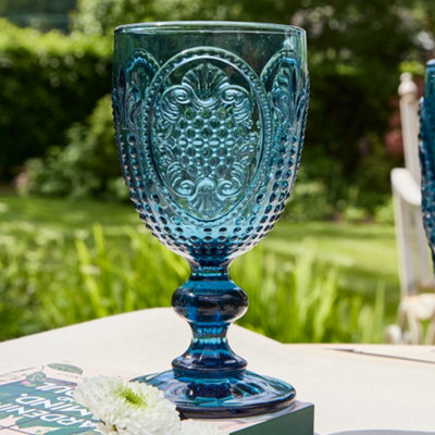 Set of 4 Vintage Blue Drinking Wine Glass Goblets Father's Day Gifts Ideas