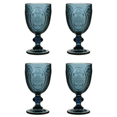 Set of 4 Vintage Blue Drinking Wine Glass Goblets Wedding Decorations Ideas