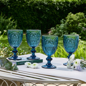 Set of 4 Vintage Blue Drinking Wine Glass Goblets