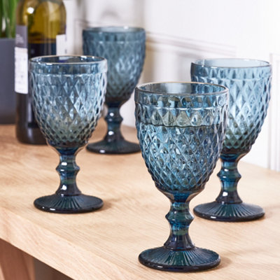 Set of 4 Vintage Blue Embossed Diamond Drinking Wine Glass Goblets