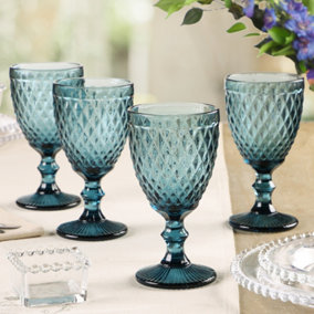 Set of 4 Vintage Blue Embossed Diamond Drinking Wine Glass Goblets