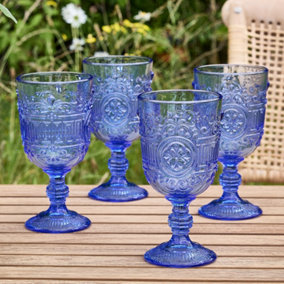 Set of 4 Vintage Blue Embossed Drinking Wine Glass Goblets Wedding Decorations Ideas