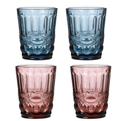 Set of 4 Vintage Blue & Pink Drinking Tumbler Whisky Glasses Wedding Decorations Ideas